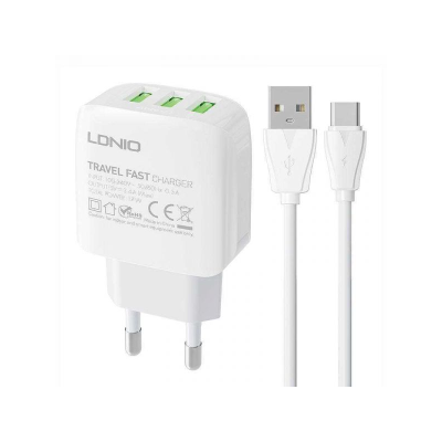 LDNIO CARREGADOR 17W 3 USB + CABO USB-C