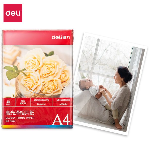 Papel fotográfico Deli 3541 de alto brilho A4-200g/㎡ (branco) (20 folhas/pacote)
