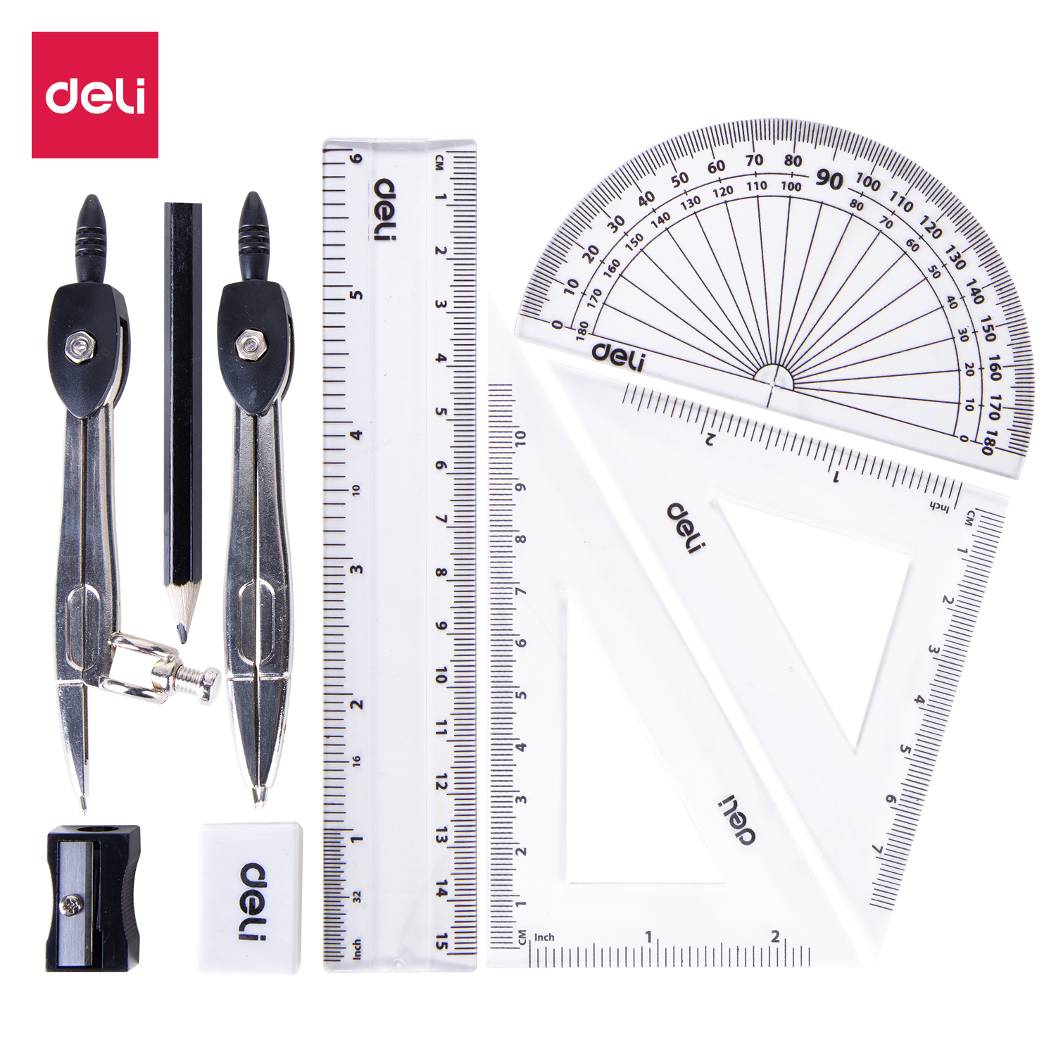 Conjunto de Compasso de metal com 9 peças em caixa de ferro Deli EG30695 12pic/caixa